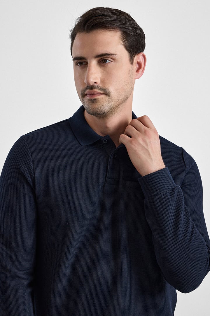 Lacivert Regular Düz Polo Yaka Sweatshirt