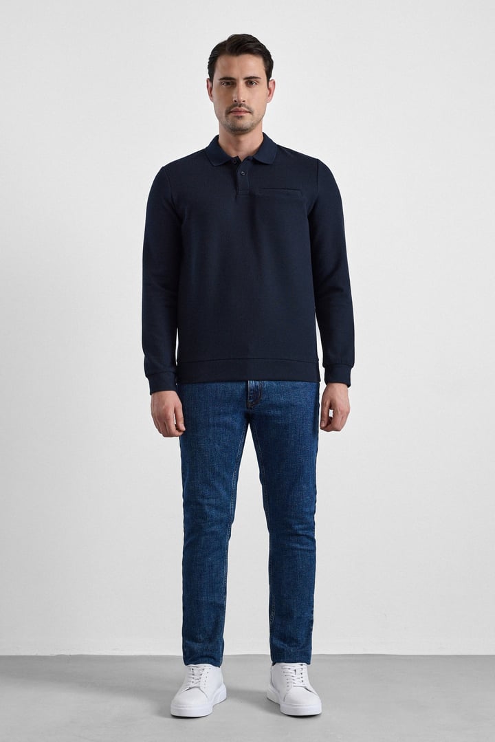 Lacivert Regular Düz Polo Yaka Sweatshirt