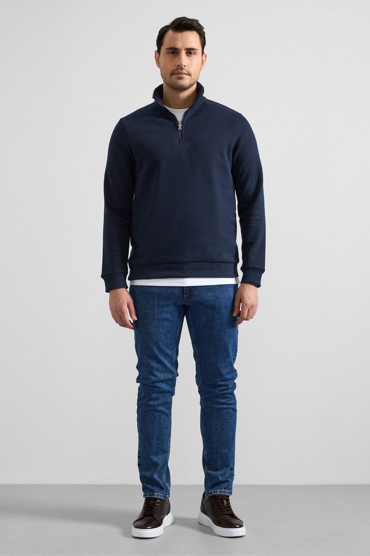 Lacivert Regular Düz Yarım Balıkçı Yaka Sweatshirt