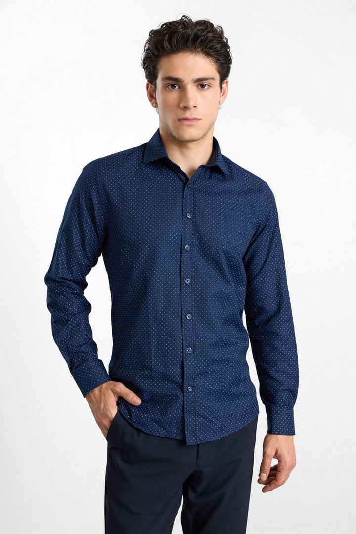 Lacivert Regular Klasik Yaka Minimal Oxford Cepsiz Düğmeli Uzun Kollu Casual Gömlek