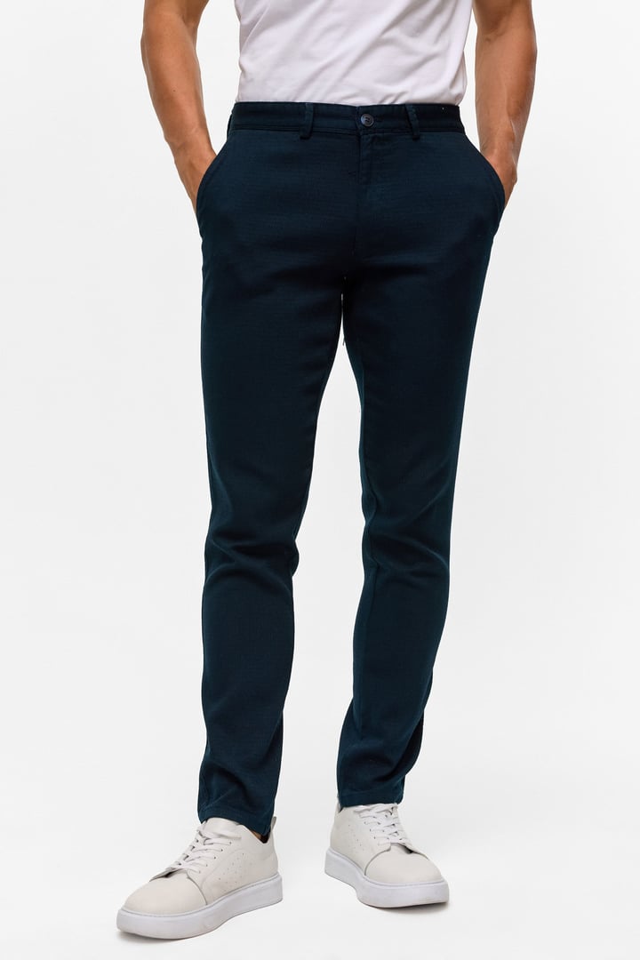 Lacivert Slim Armürlü Kanvas Pantolon