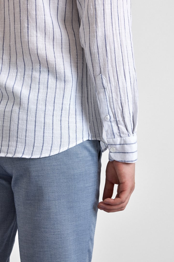 Lacivert Slim Çizgili Düğmeli Yaka Casual Gömlek