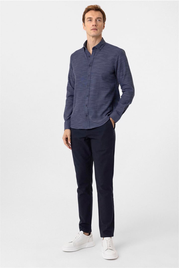Lacivert Slim Fit Desenli Düğmeli Yaka Gömlek