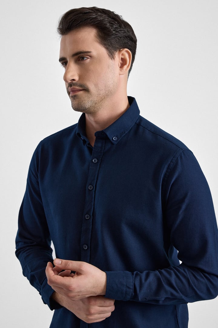 Lacivert Slim Düğmeli Yaka Düz Uzun Kollu Casual Gömlek