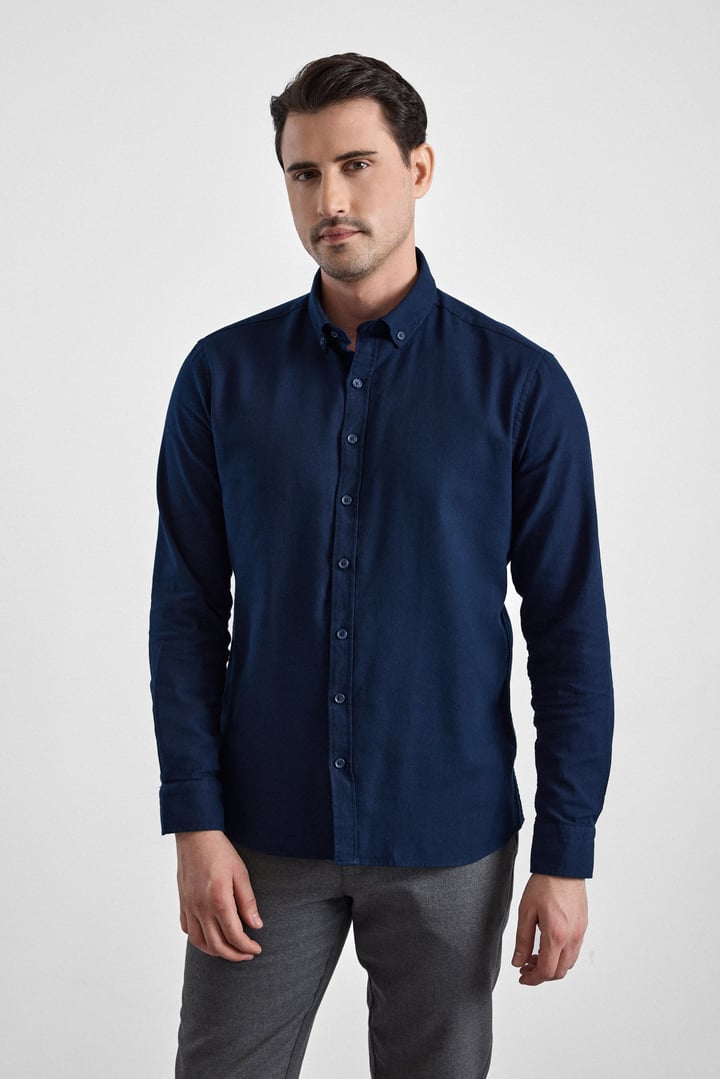 Lacivert Slim Düğmeli Yaka Düz Uzun Kollu Casual Gömlek