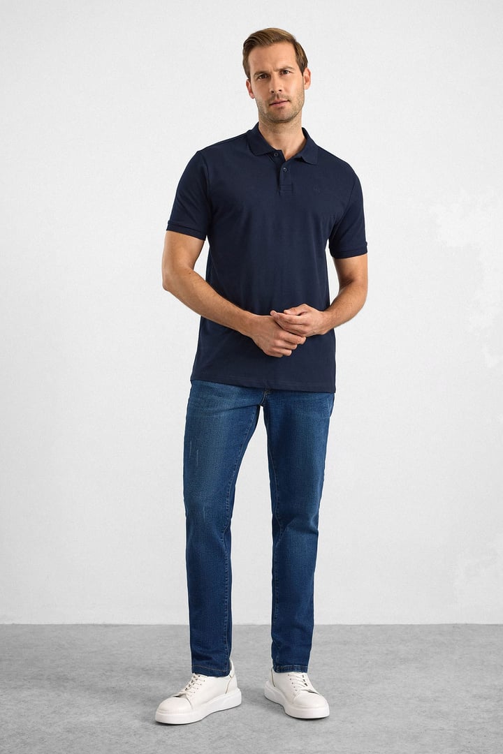 Lacivert Slim Düz Düğmeli Polo Yaka Tişört