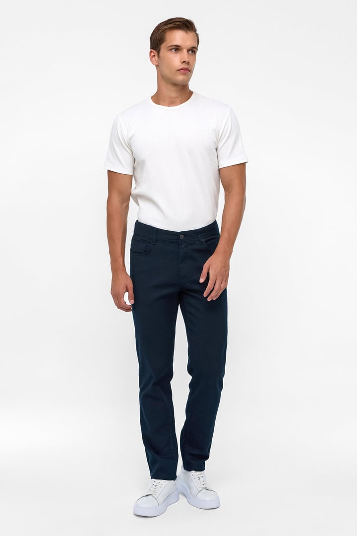 Lacivert Slim Fit 5 Cep Kalıp Armürlü Kanvas Pantolon