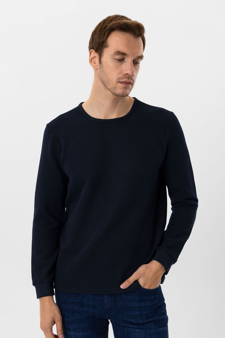 Lacivert Slim Fit Armürlü Bisiklet Yaka Triko Kazak