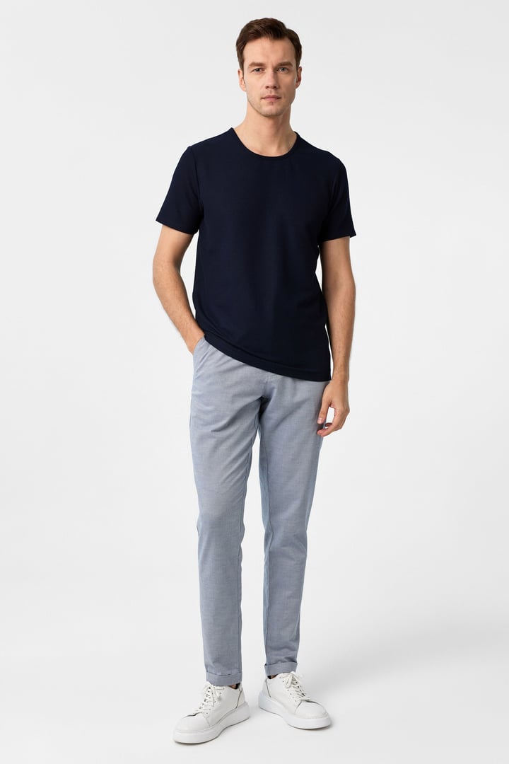 Lacivert Slim Fit Armürlü Bisiklet Yaka Tişört