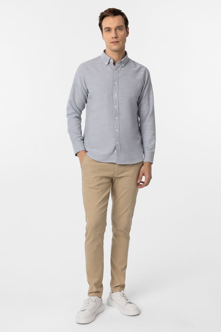 Lacivert Slim Fit Armürlü Düğmeli Yaka Gömlek