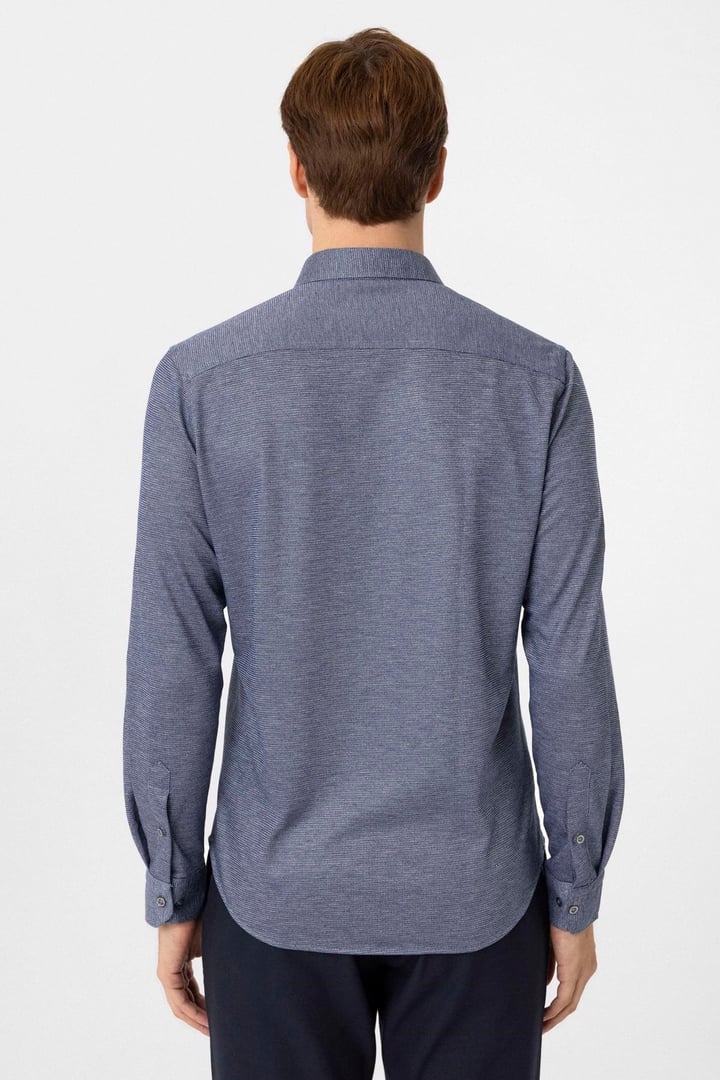 Lacivert Slim Fit Armürlü Düğmeli Yaka Gömlek