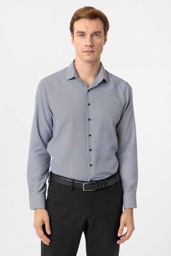 Lacivert Slim Fit Armürlü Klasik Yaka Gömlek