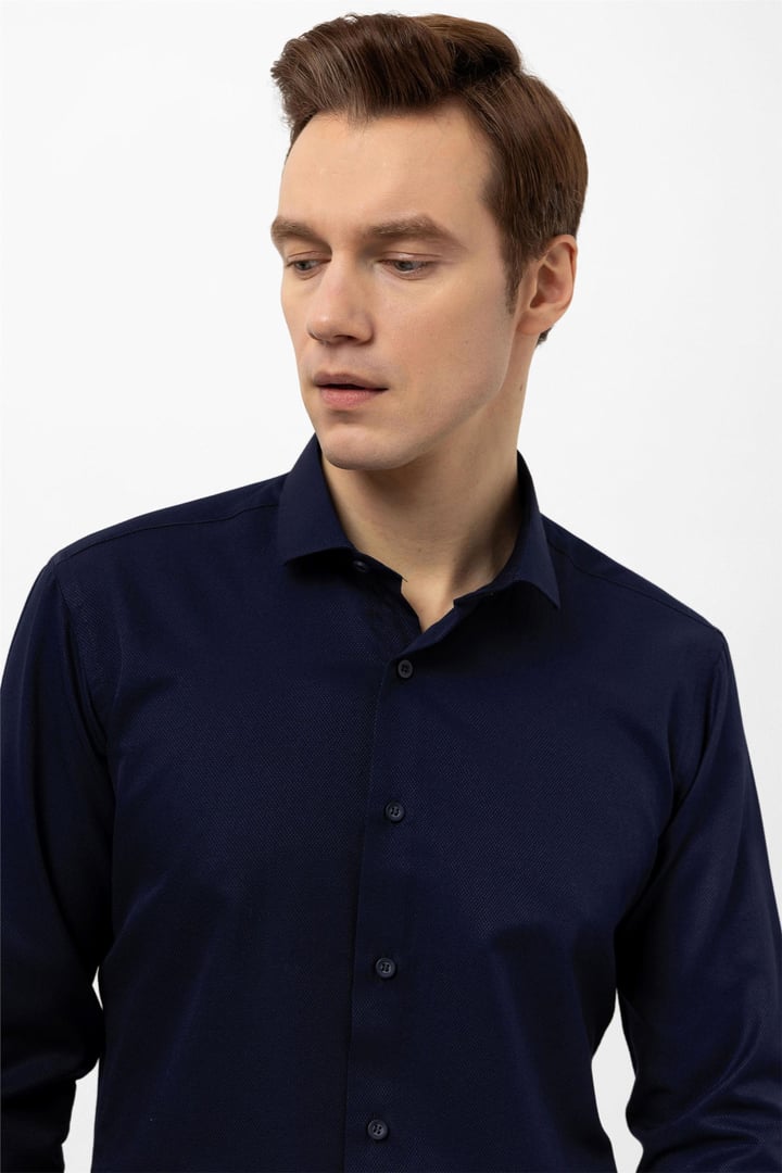 Lacivert Slim Fit Armürlü Klasik Yaka Gömlek