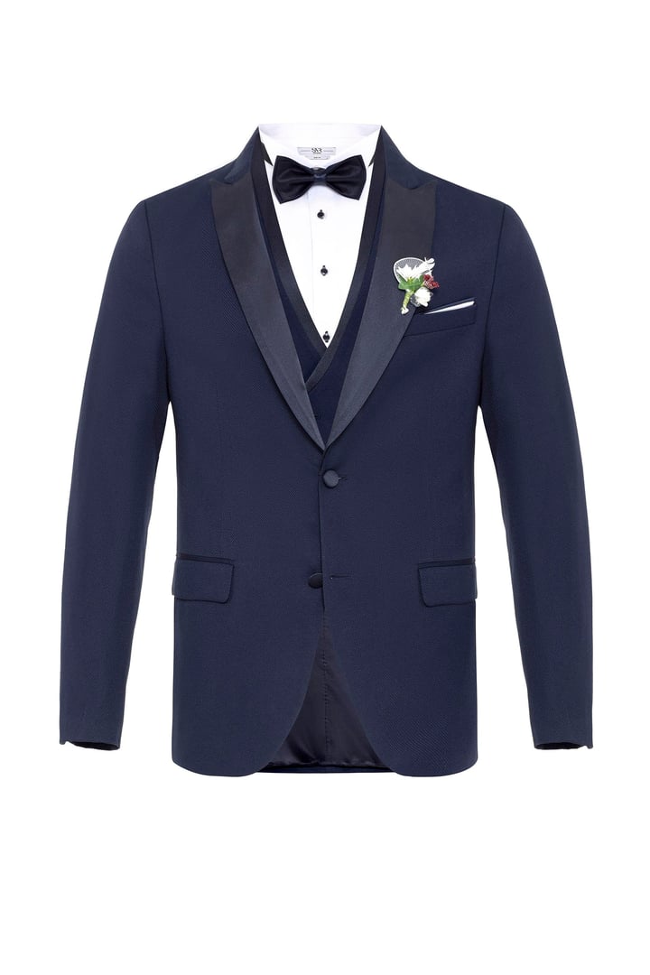 Lacivert Slim Fit Armürlü Sivri Yaka 6 Drop Smokin & Damatlık