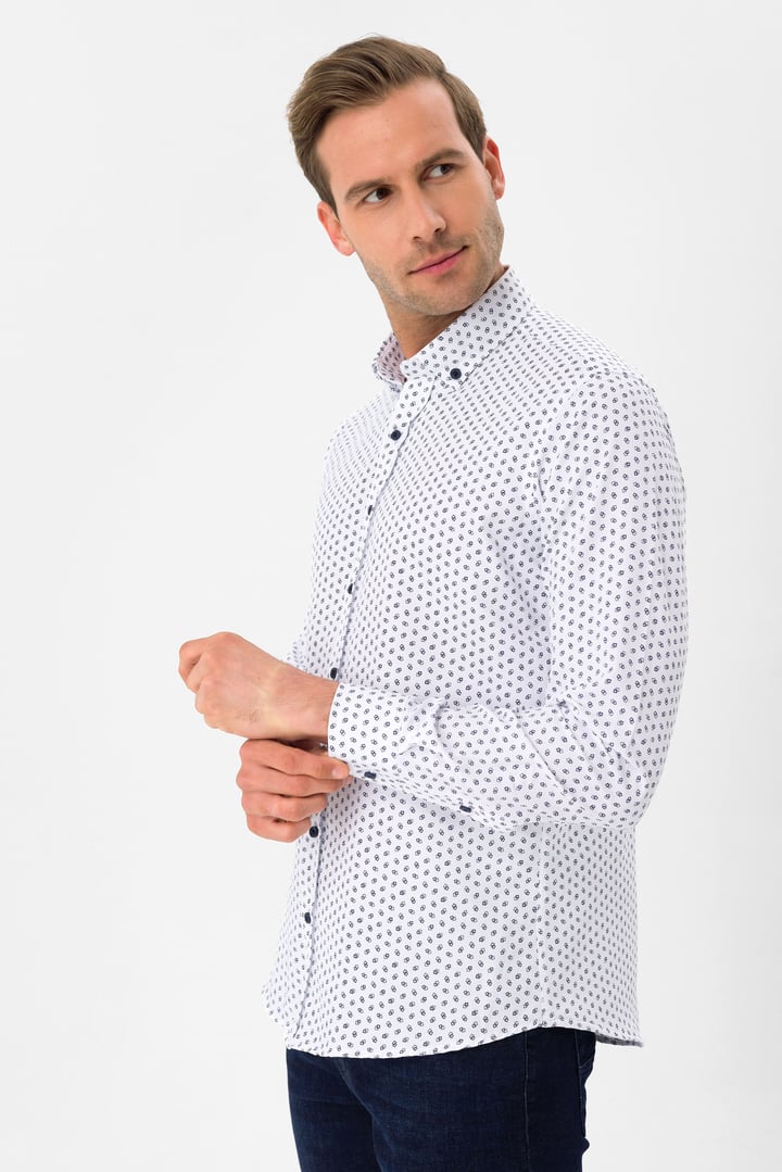 Lacivert Slim Fit Baskılı Düğmeli Yaka Gömlek