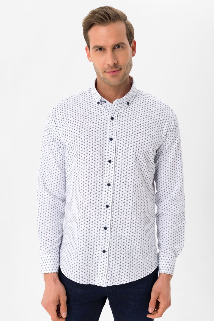 Lacivert Slim Fit Baskılı Düğmeli Yaka Gömlek