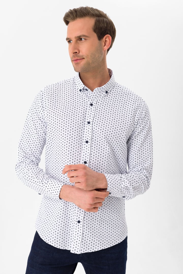 Lacivert Slim Fit Baskılı Düğmeli Yaka Gömlek