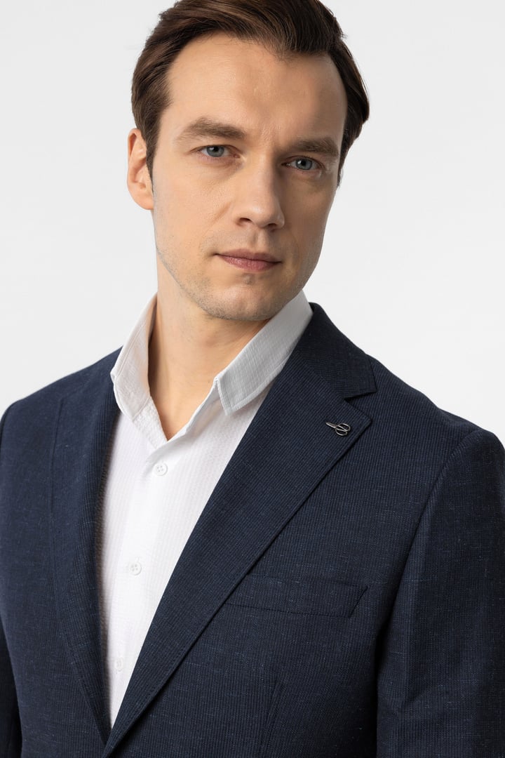 Lacivert Slim Fit Desenli Mono Yaka 6 Drop Ceket
