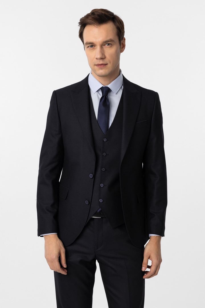 Lacivert Slim Fit Desenli Sivri Yaka 6 Drop Yelekli Klasik Takım Elbise