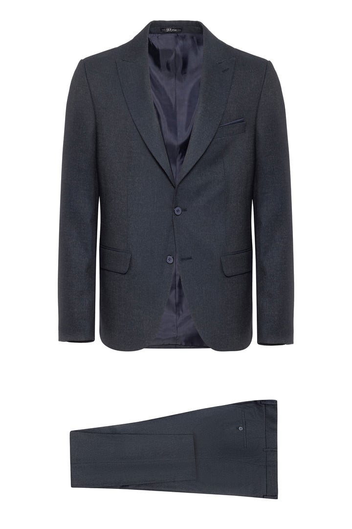 Lacivert Slim Fit Desenli Sivri Yaka 6 Drop Klasik Takım Elbise