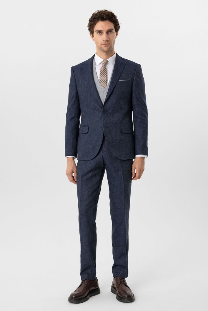 Lacivert Slim Fit Desenli Sivri Yaka 6 Drop Yelekli Klasik Takım Elbise