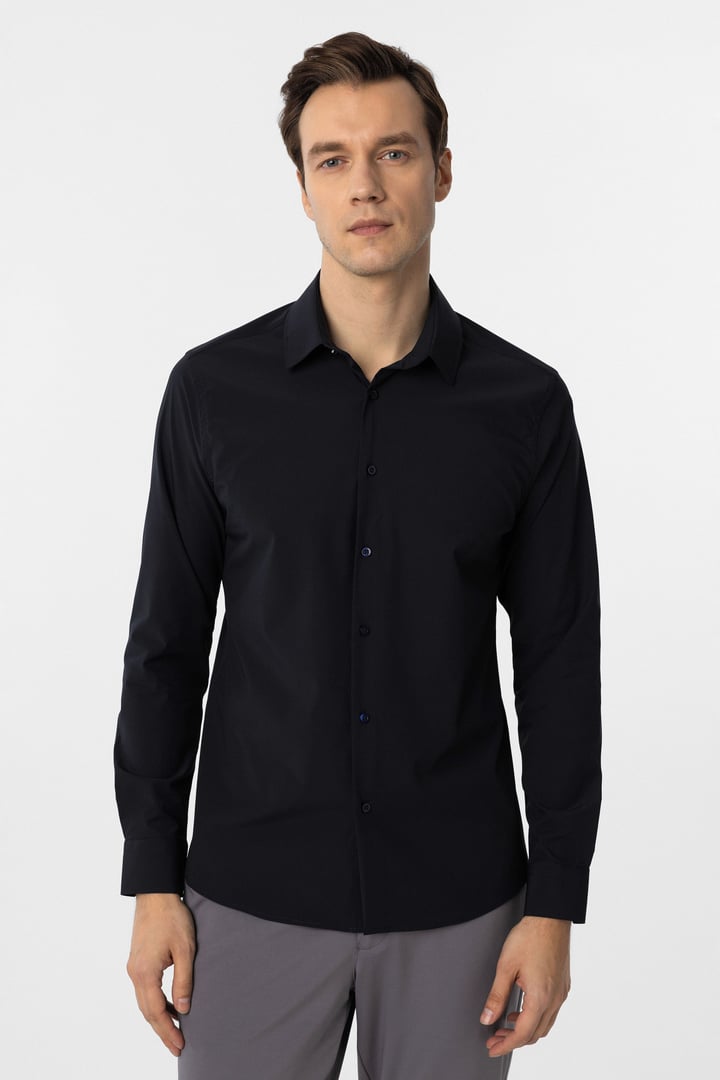 Lacivert Slim Fit Düz Klasik Yaka Gömlek