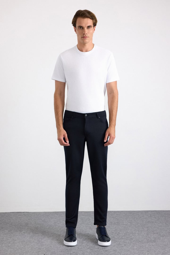 Lacivert Slim Karışık Desen Armürlü Normal Bel Casual Pantolon