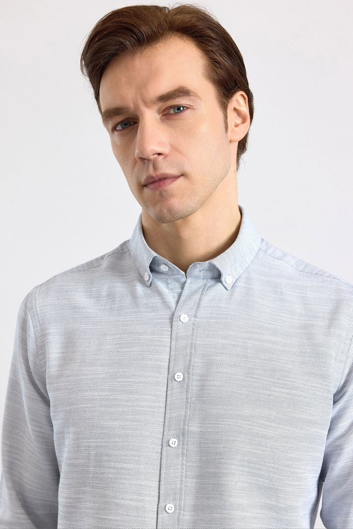 Lacivert Slim Klasik Yaka Düz Cepsiz Düğmeli Uzun Kollu Standart Casual Gömlek