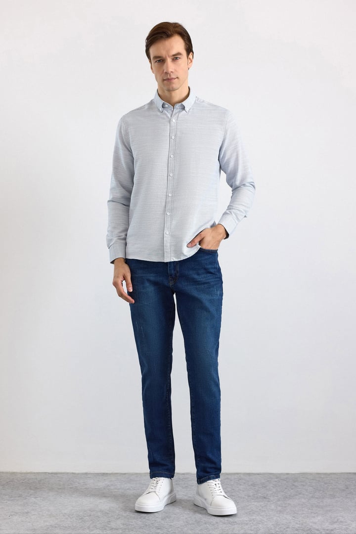 Lacivert Slim Klasik Yaka Düz Cepsiz Düğmeli Uzun Kollu Standart Casual Gömlek