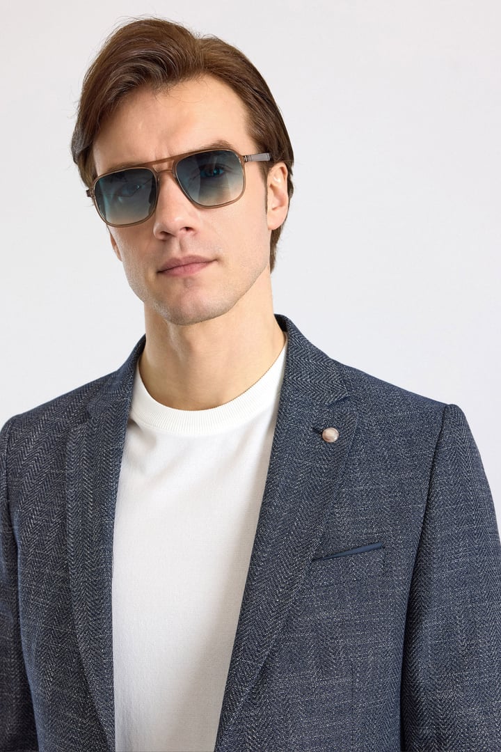 Lacivert Slim Mono Yaka Düz Pike Torba Cep Yıkamalı 6 Drop Klasik Ceket