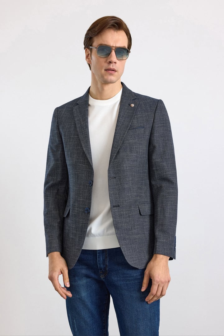 Lacivert Slim Mono Yaka Düz Pike Torba Cep Yıkamalı 6 Drop Klasik Ceket
