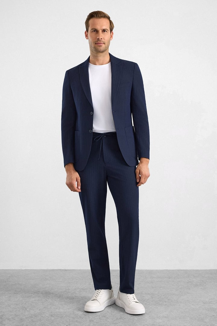 Lacivert Slim Mono Yaka Düz Torba Cep 6 Drop Takım Elbise