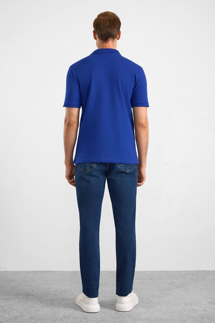 Saks Mavi Regular Düz Baskısız Pike Düğmeli Polo Yaka Standart Tişört