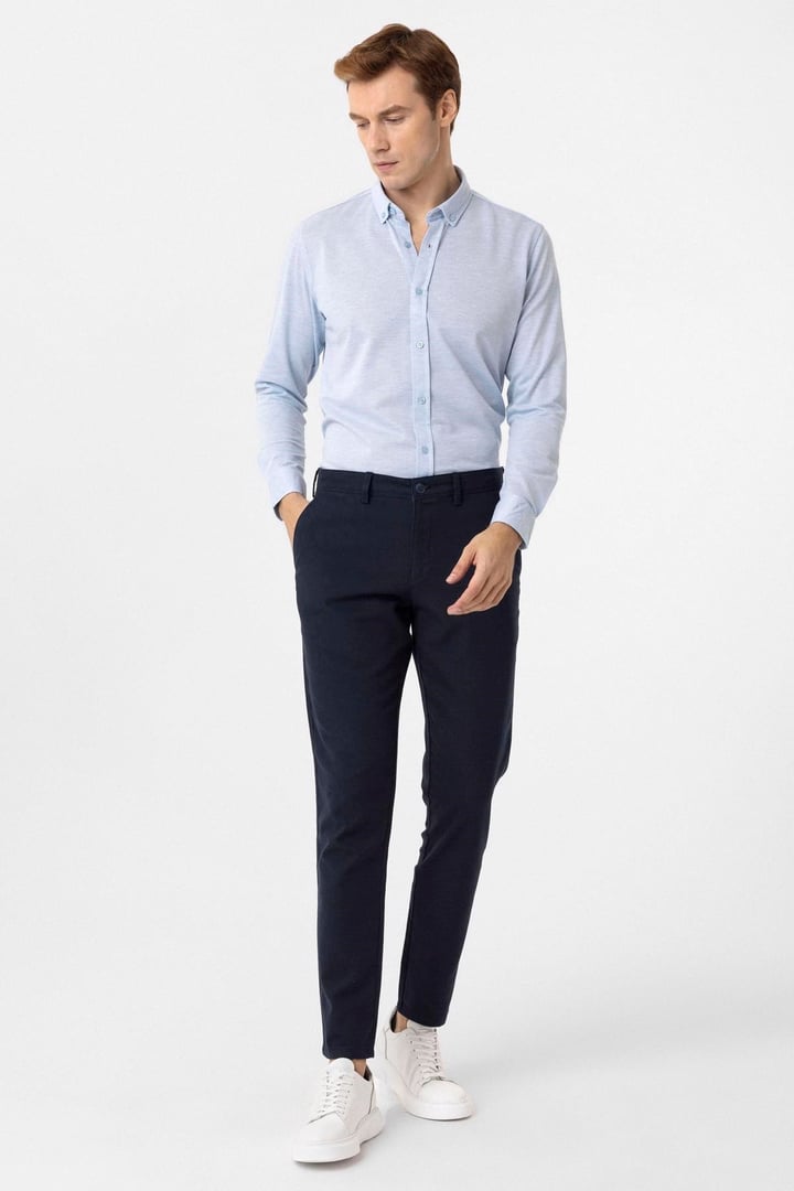 Saks Mavi Slim Fit Armürlü Düğmeli Yaka Gömlek