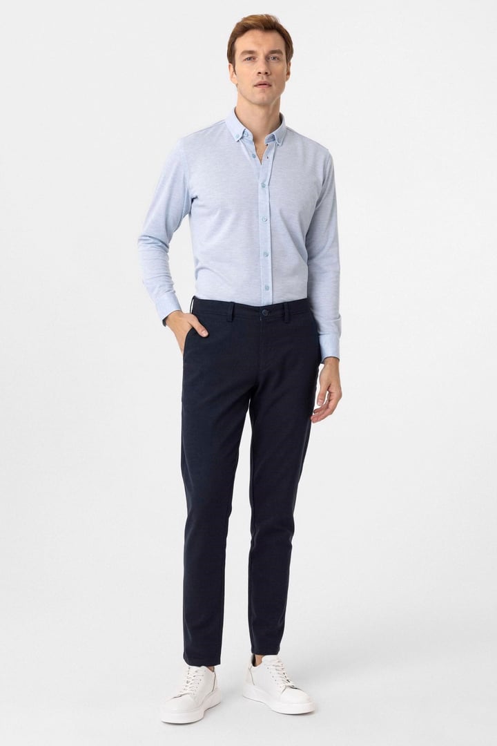 Saks Mavi Slim Fit Armürlü Düğmeli Yaka Gömlek