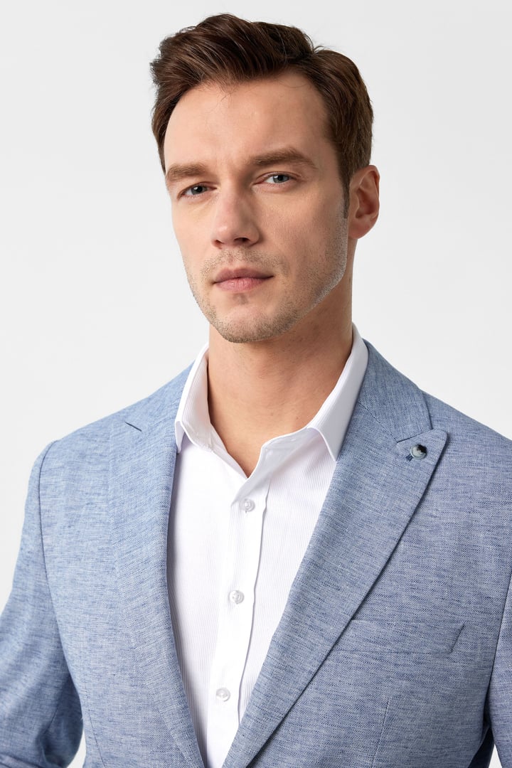 Saks Mavi Slim Fit Desenli Sivri Yaka 6 Drop Ceket