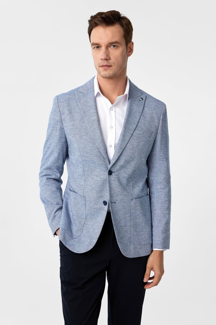 Saks Mavi Slim Fit Desenli Sivri Yaka 6 Drop Ceket