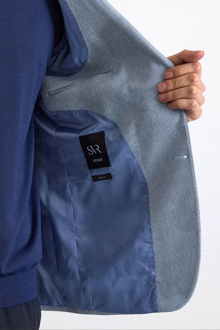 Saks Mavi Slim Mono Yaka Torba Cep 6 Drop Klasik Ceket