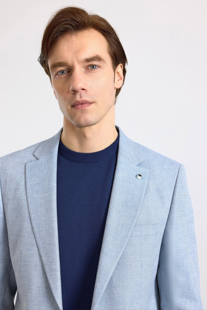 Saks Mavi Slim Mono Yaka Torba Cep 6 Drop Klasik Ceket