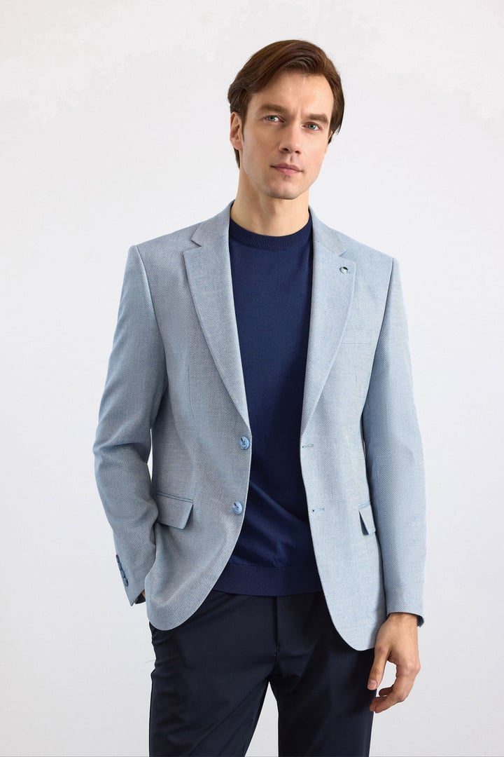 Saks Mavi Slim Mono Yaka Torba Cep 6 Drop Klasik Ceket