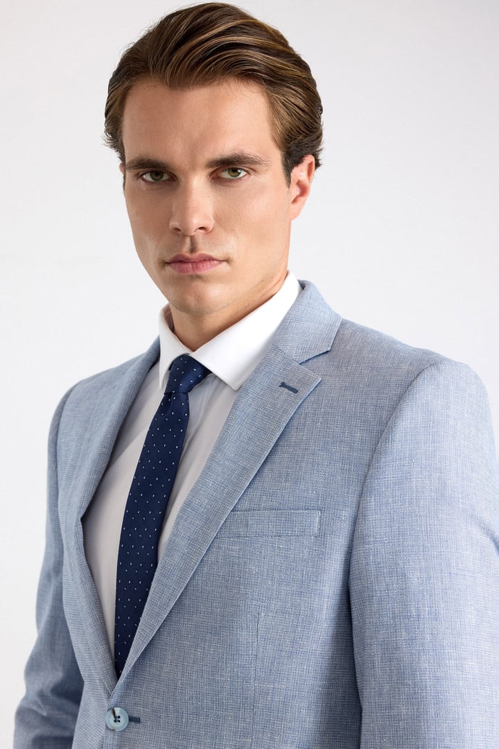 Saks Mavi Slim Sivri Yaka Düz Bezayağı Torba Cep Standart 6 Drop Takım Elbise