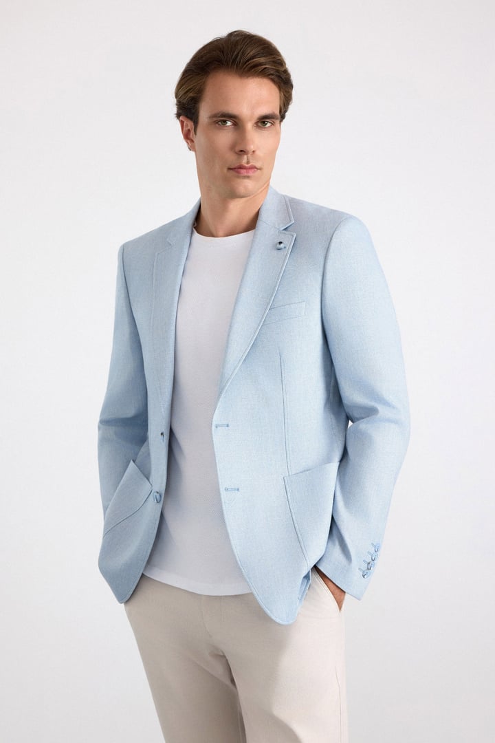 Saks Mavi Slim Sivri Yaka Düz Poplin Torba Cep Standart 6 Drop Klasik Ceket