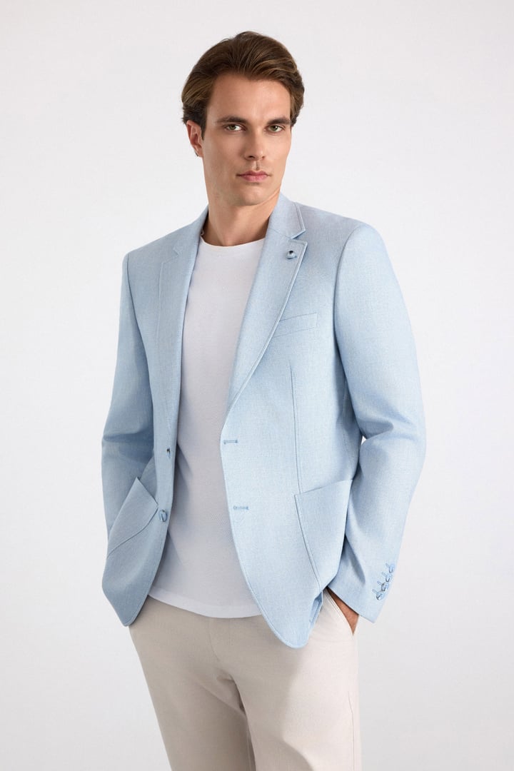 Saks Mavi Slim Sivri Yaka Düz Poplin Torba Cep Standart 6 Drop Klasik Ceket