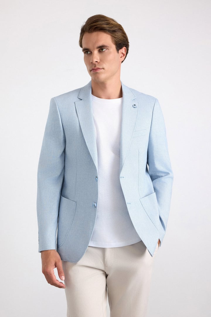 Saks Mavi Slim Sivri Yaka Düz Poplin Torba Cep Standart 6 Drop Klasik Ceket