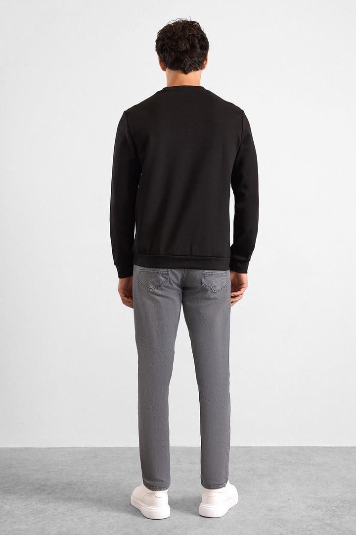 Siyah Regular Düz Baskılı İnterlok Bisiklet Yaka Cepsiz Düz Sweatshirt