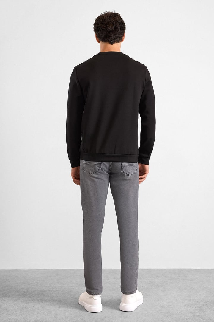 Siyah Regular Düz Baskılı İnterlok Bisiklet Yaka Cepsiz Düz Sweatshirt