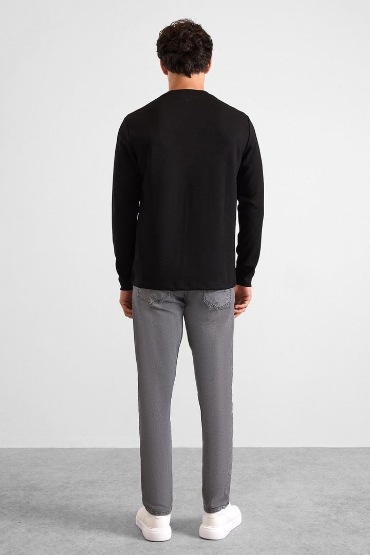 Siyah Regular Düz Baskısız İnterlok Bisiklet Yaka Cepsiz Sweatshirt