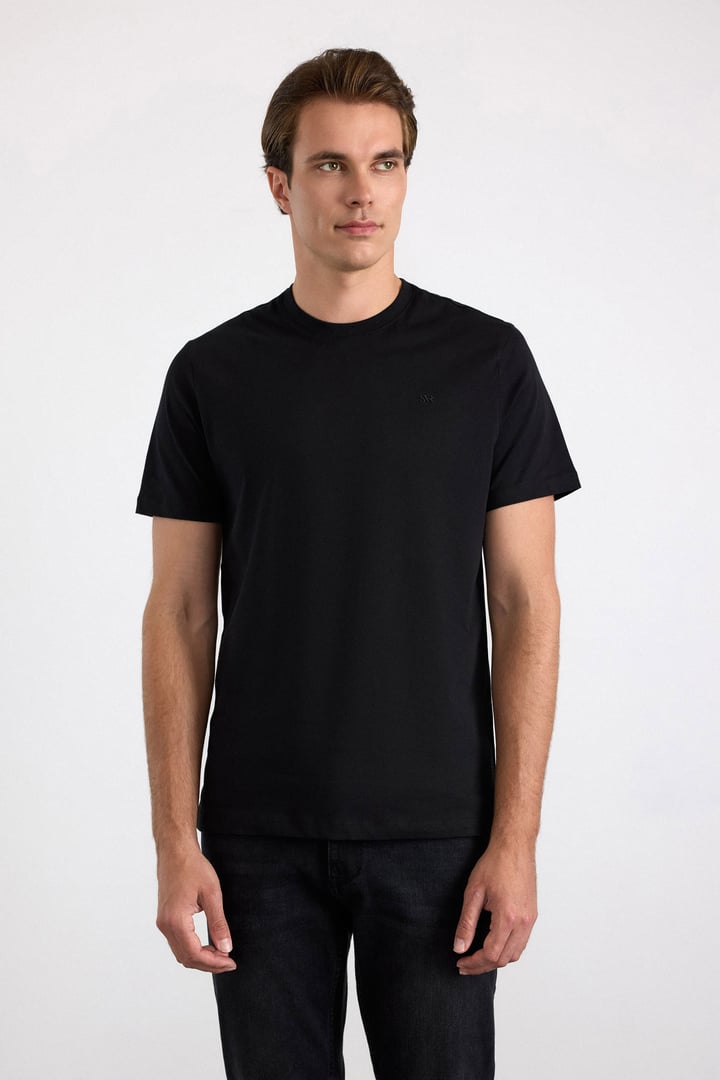 Siyah Regular Düz Baskısız Pike Bisiklet Yaka Yıkamalı Tişört