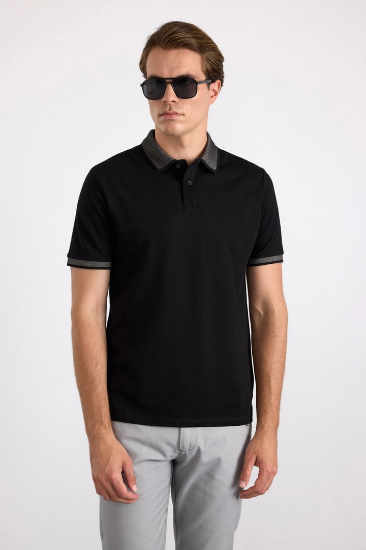 Siyah Regular Düz Baskısız Pike Polo Yaka Standart Tişört