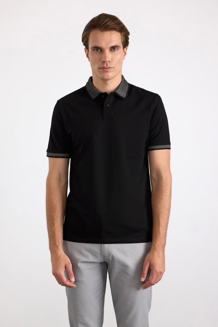 Siyah Regular Düz Baskısız Pike Polo Yaka Standart Tişört